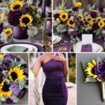 A photo collage of plum, light purple, sage green, and sunflower wedding color ideas.