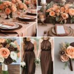 A photo collage of peach and brown wedding color ideas.