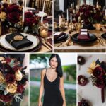 A photo collage of maroon, black, and gold wedding color ideas.