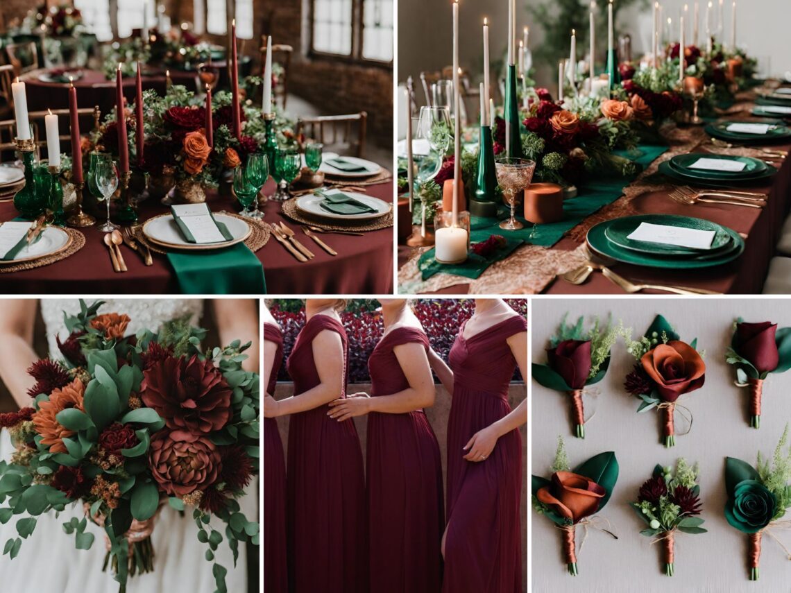A photo collage of burgundy, terracotta, and emerald green wedding color ideas.