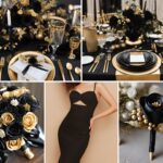 A photo collage of black and gold wedding color ideas.