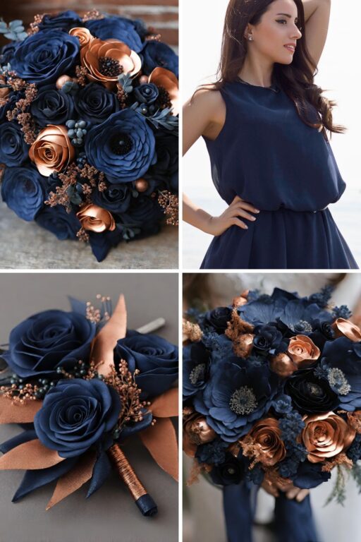 A photo collage of navy blue and copper wedding color ideas.