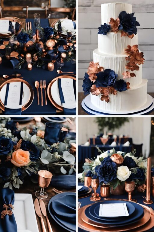 A photo collage of navy blue and copper wedding color ideas.