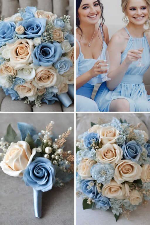 A photo collage of powder blue and champagne wedding color ideas.