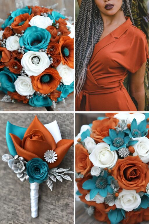 A photo collage of burnt orange and teal wedding color ideas.