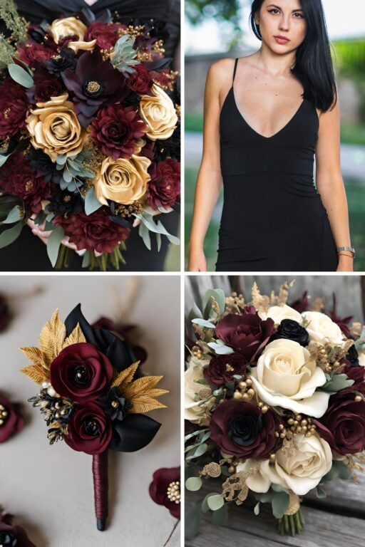 A photo collage of maroon, black, and gold wedding color ideas.