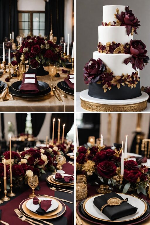 A photo collage of maroon, black, and gold wedding color ideas.