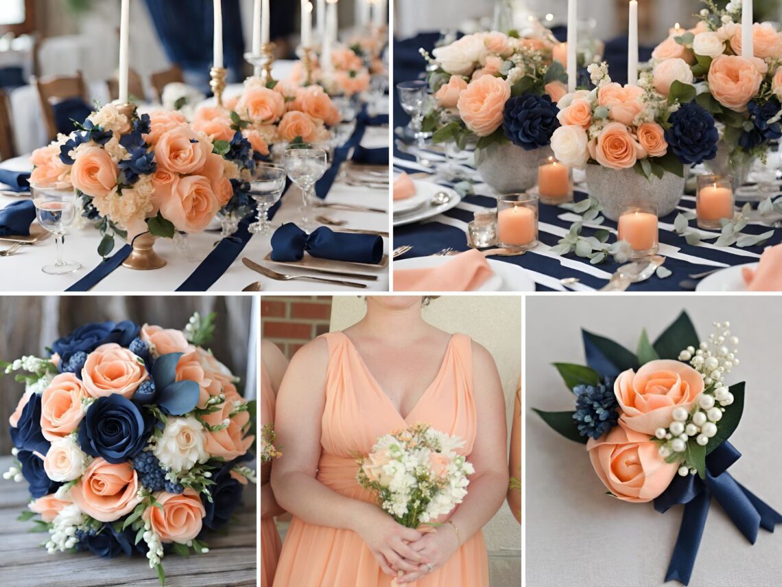 A photo collage of peach and navy blue wedding color ideas.