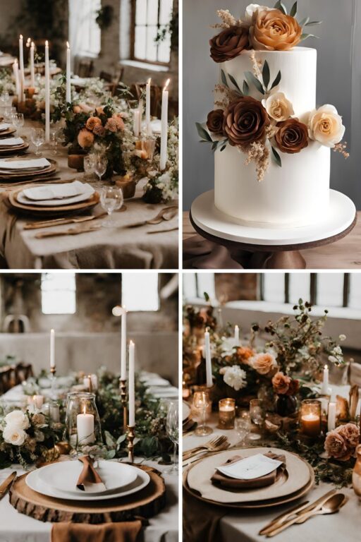 A photo collage of earth tone wedding color ideas.