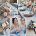 A photo collage of dusty rose, baby, blue, and ivory wedding color ideas.