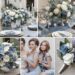 A photo collage of dusty blue, silver, and white wedding color ideas.