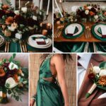 A photo collage of emerald green, burgundy, terracotta, and gold wedding ideas.