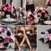 A photo collage of black, hot pink, light pink, and diamond wedding color ideas.