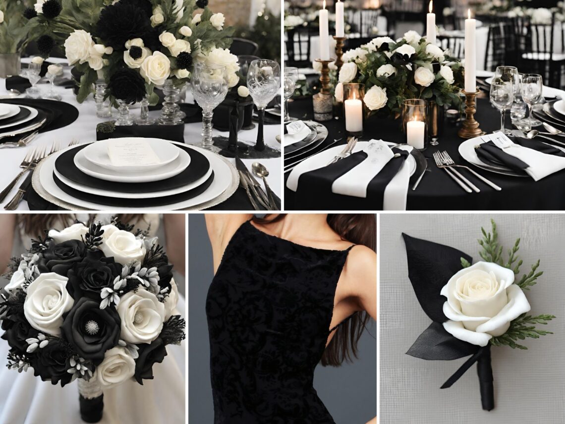 A photo collage of black and white wedding color ideas.