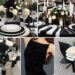 A photo collage of black and white wedding color ideas.