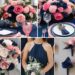 A photo collage of rosy pink and navy blue wedding color ideas.