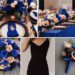 A photo collage of royal blue, black, and rose gold wedding color ideas.