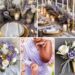 A photo collage of lavender, gold, off-white, and white wedding color ideas.