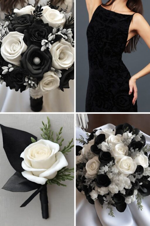 A photo collage of black and white wedding color ideas.
