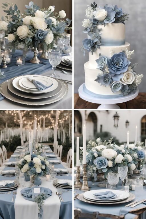 A photo collage of dusty blue, silver, and white wedding color ideas.
