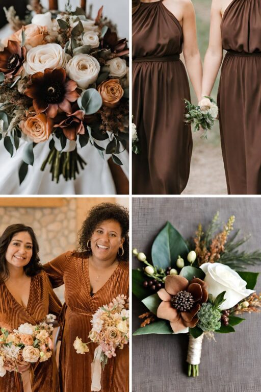 A photo collage of earth tone wedding color ideas.