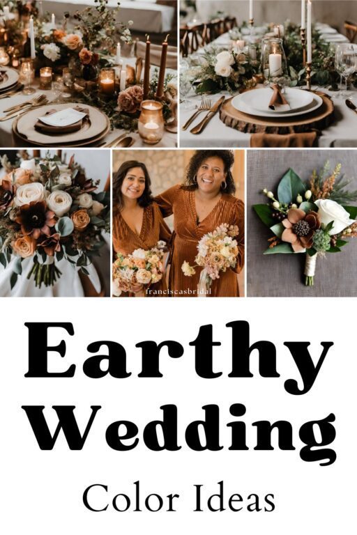 A photo collage of earth tone wedding color ideas.