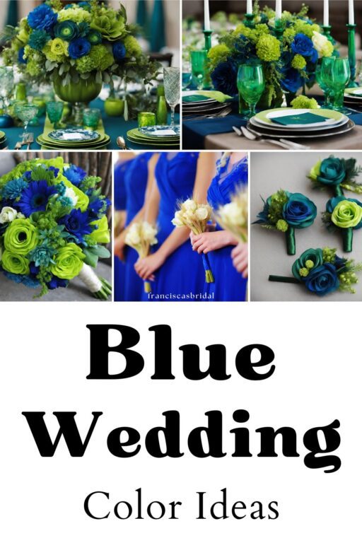 A photo collage of royal blue and green wedding color ideas.