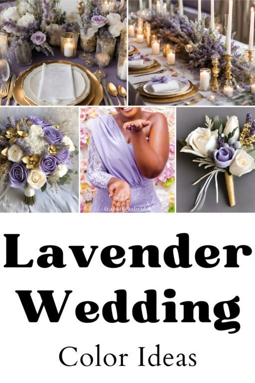 A photo collage of lavender and gold wedding color ideas.