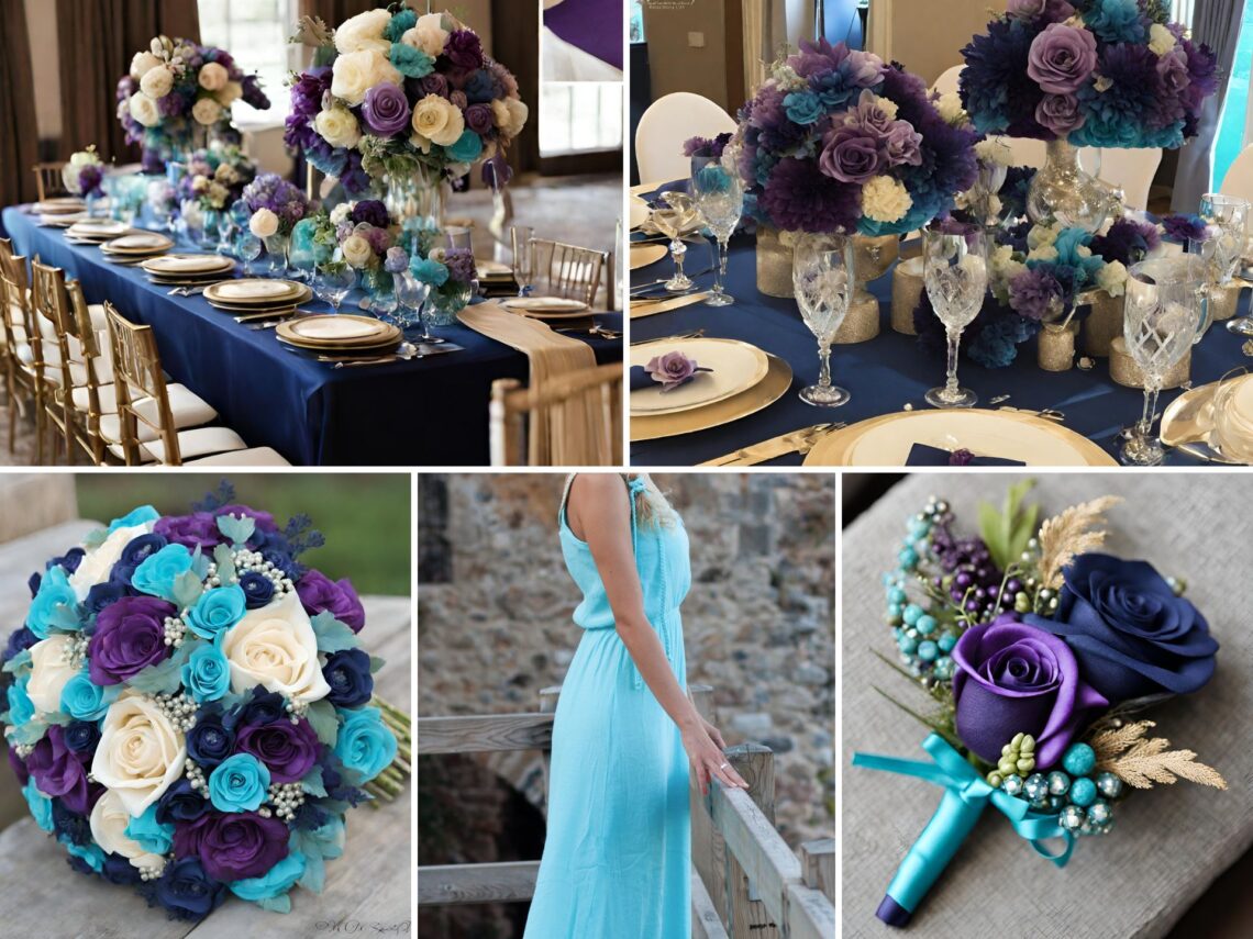 A photo collage of navy, purple, champagne, and turquoise wedding color ideas.