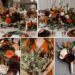 A photo collage of brown, beige, rust orange, dark sage green, and burgundy wedding color ideas.