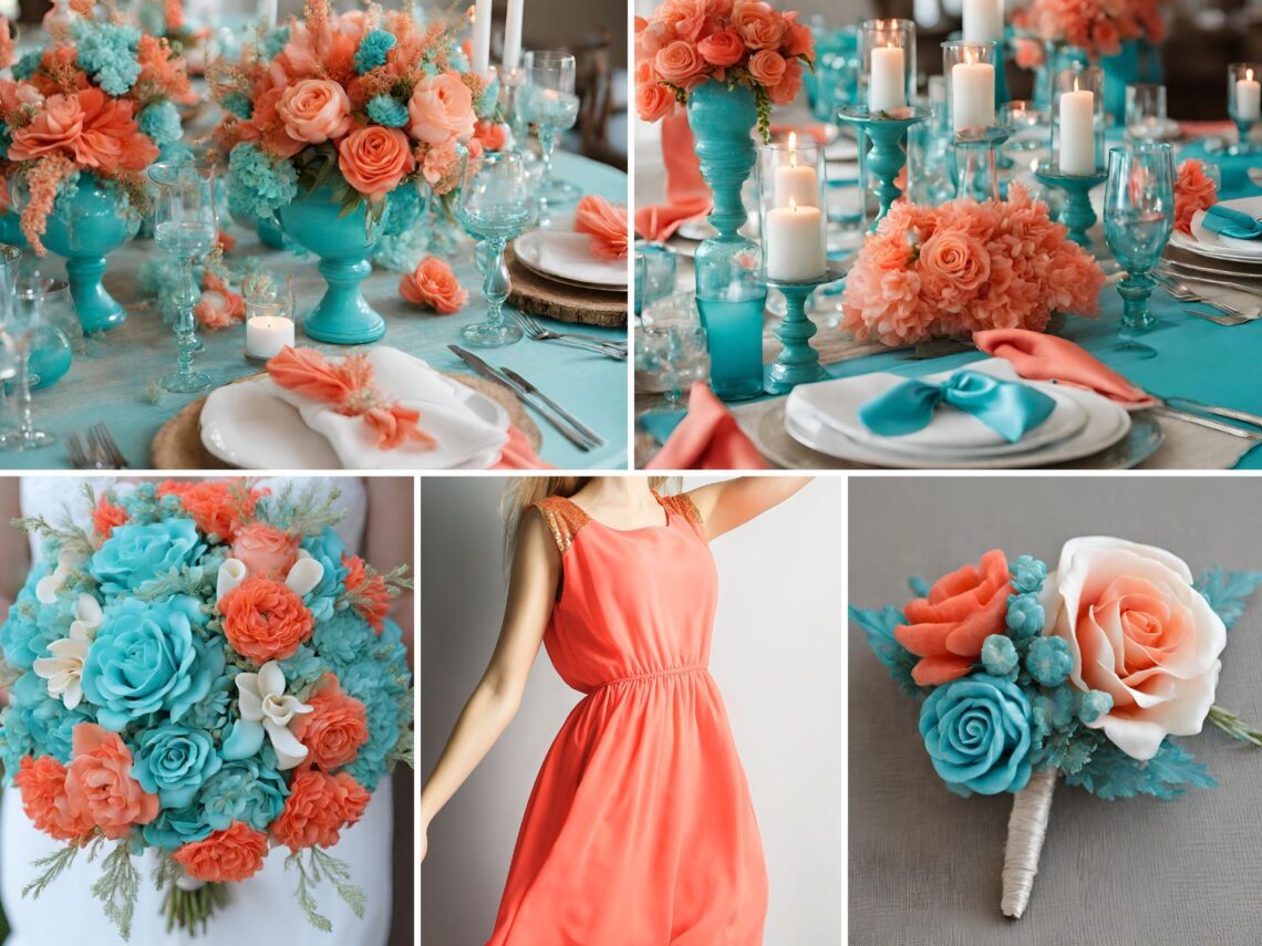 A photo collage of turquoise blue, coral, and white wedding color ideas.