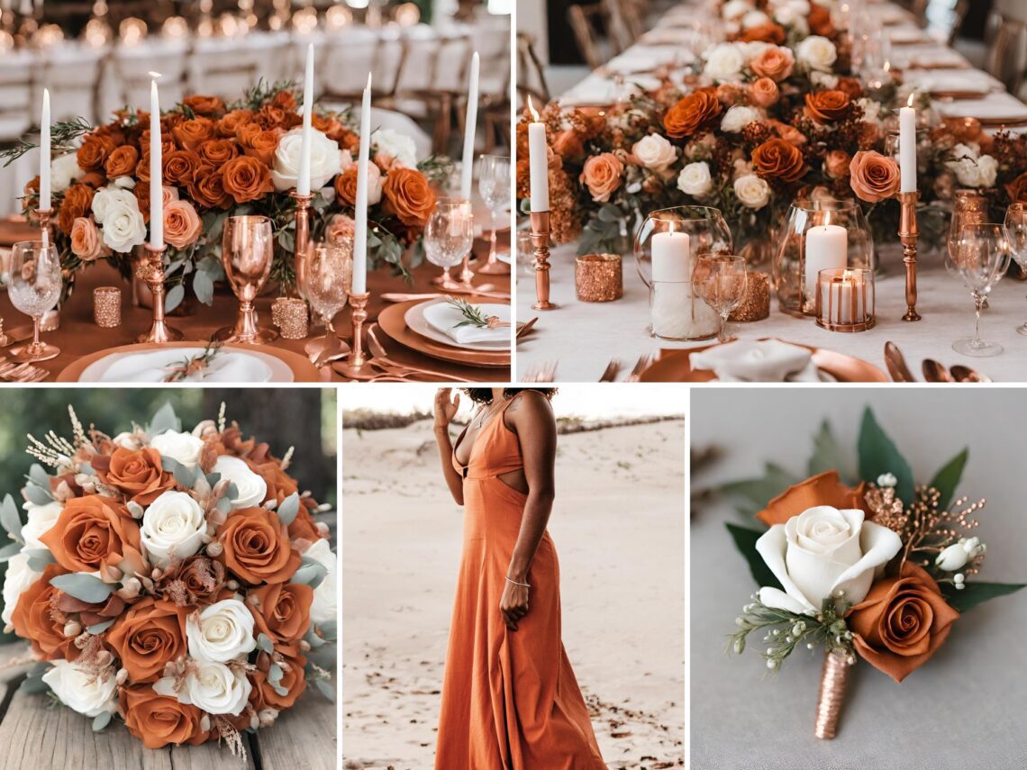 A photo collage of burnt orange and rose gold wedding color ideas.