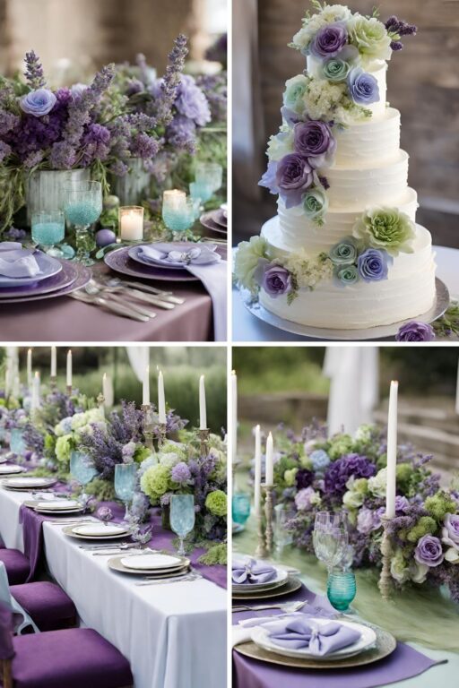 A photo collage of light blue, purple, lavender, and light green wedding color ideas.