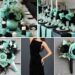 A photo collage of seafoam green and black wedding color ideas.