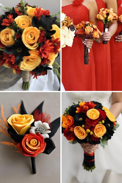 A photo collage of red, yellow, orange, and black wedding color ideas.