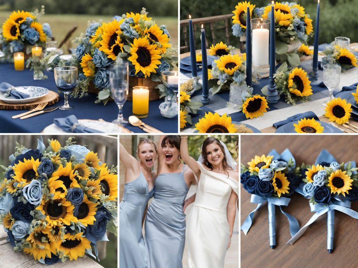 A photo collage of dusty blue, navy blue, and sunflower wedding color ideas.