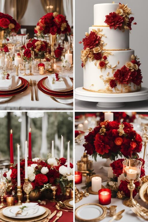 A photo collage of red, gold, and white wedding color ideas.