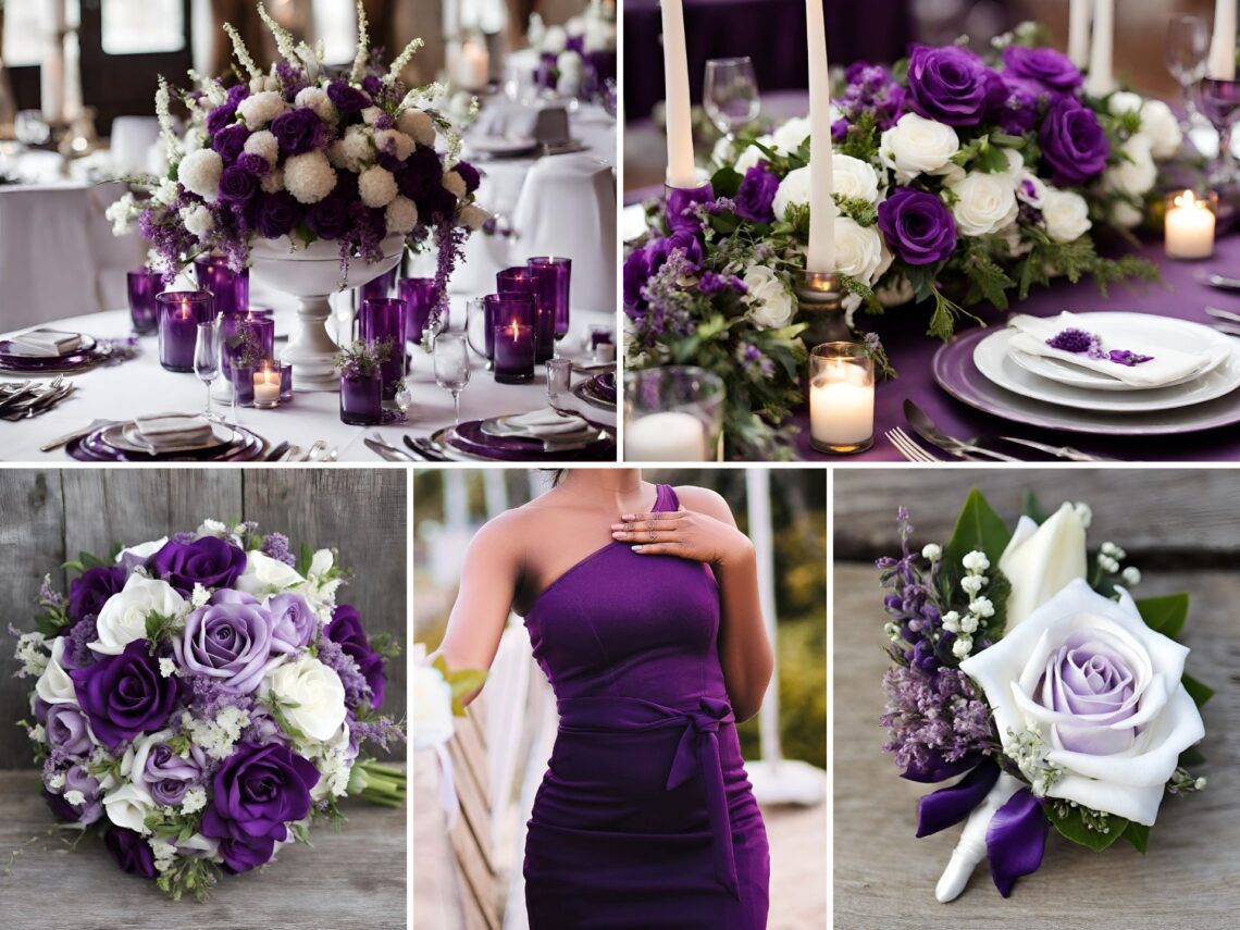A photo collage of purple and white wedding color ideas.