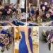 A photo collage of royal blue, mauve, and gold wedding color ideas.