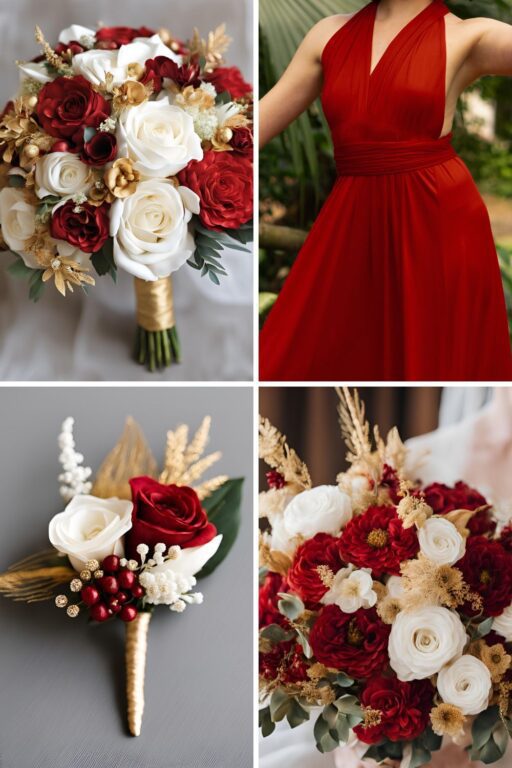 A photo collage of red, gold, and white wedding color ideas.