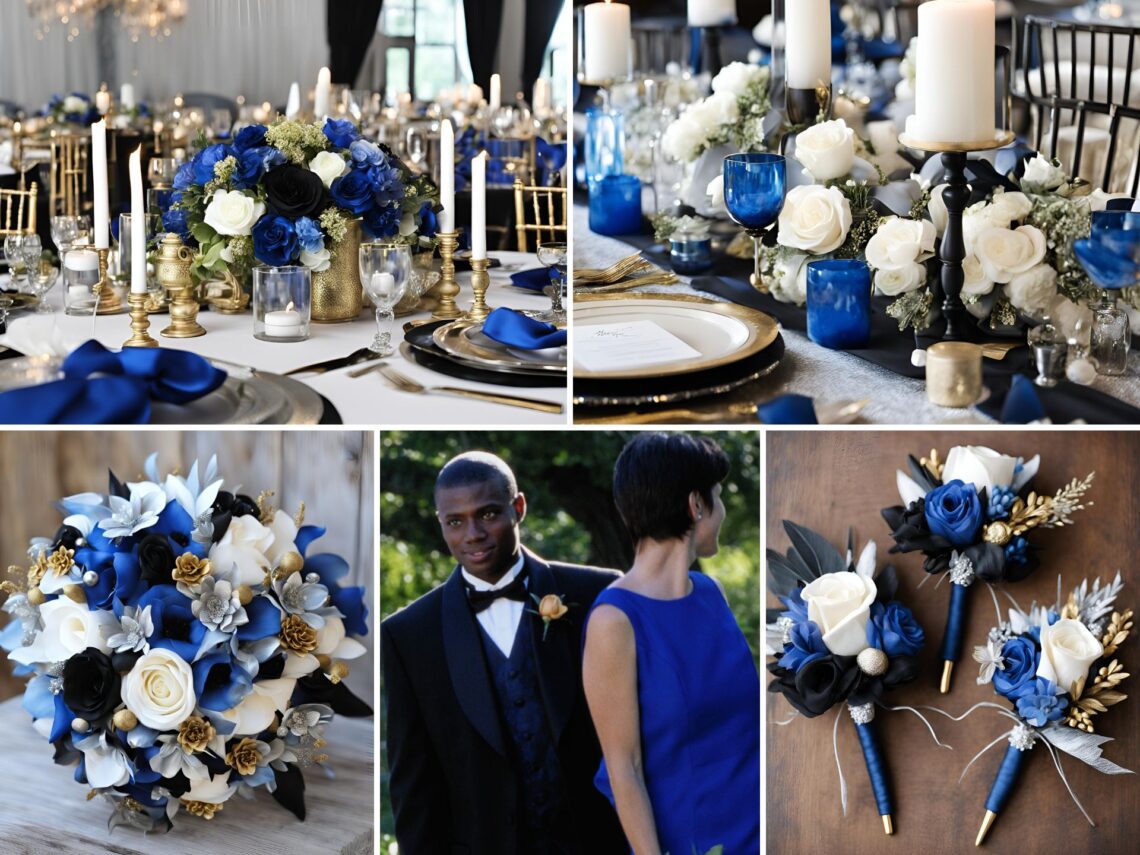 A photo collage of blue, black, gold, silver, and white wedding color ideas.