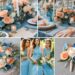 A photo collage of sea blue, peach, and white wedding color ideas.