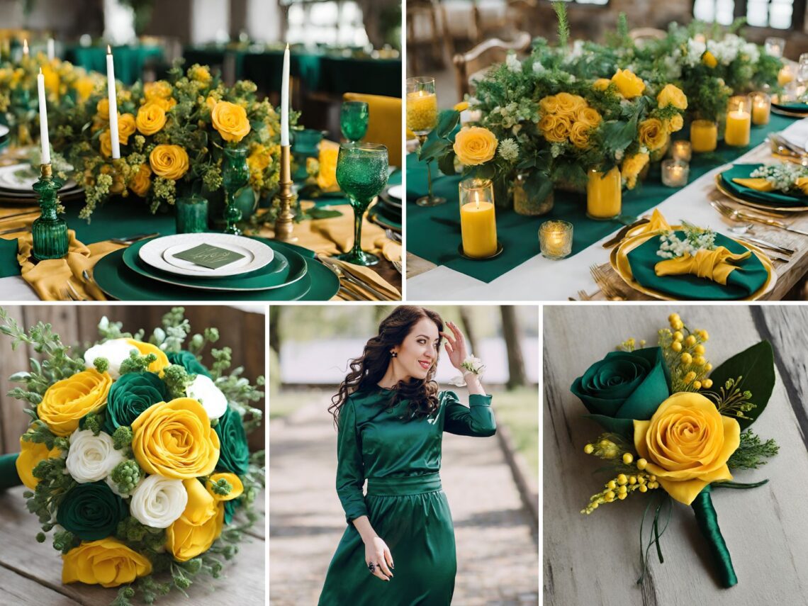 A photo collage of emerald green, mustard yellow, and white wedding color ideas.