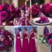 A photo collage of magenta and purple wedding color ideas.