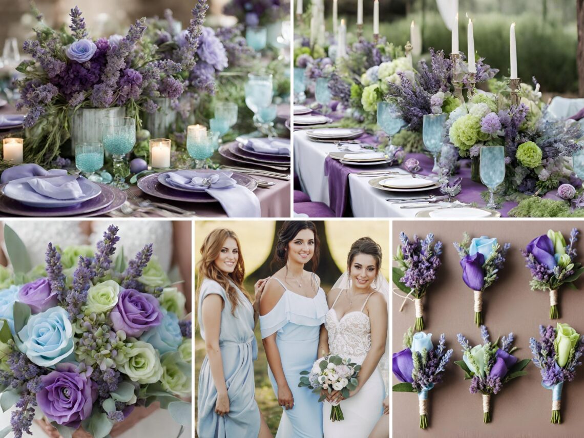 A photo collage of light blue, purple, lavender, and light green wedding color ideas.