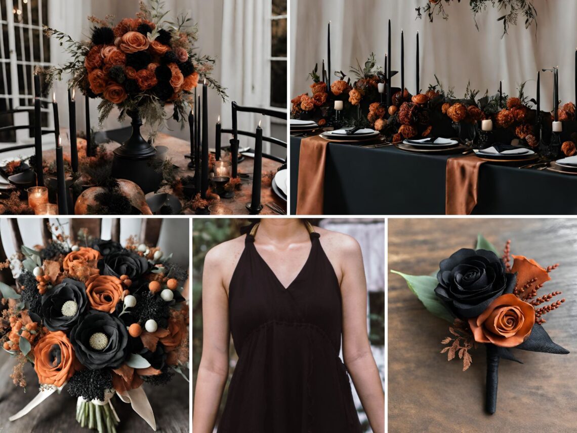 A photo collage of black and rust wedding color ideas.