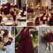 A photo collage of burgundy and champagne gold wedding color ideas.