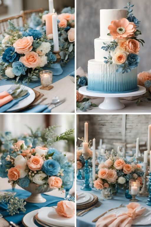 A photo collage of sea blue, peach, and white wedding color ideas.