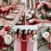 A photo collage of red, soft pink, and white wedding color ideas.