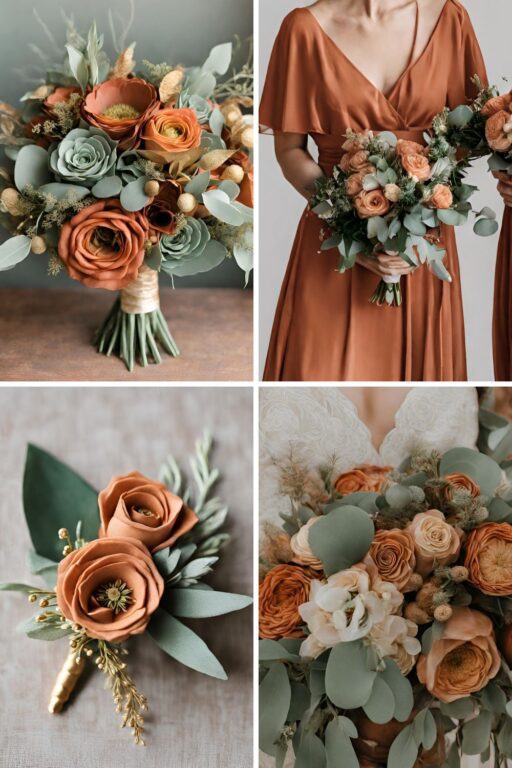 A photo collage of terracotta, sage green, and gold wedding color ideas.